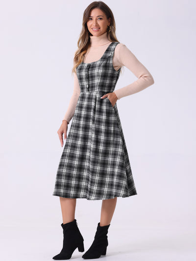 Plaid Vintage Sleeveless A-Line Pocketed Midi Pinafore Dress