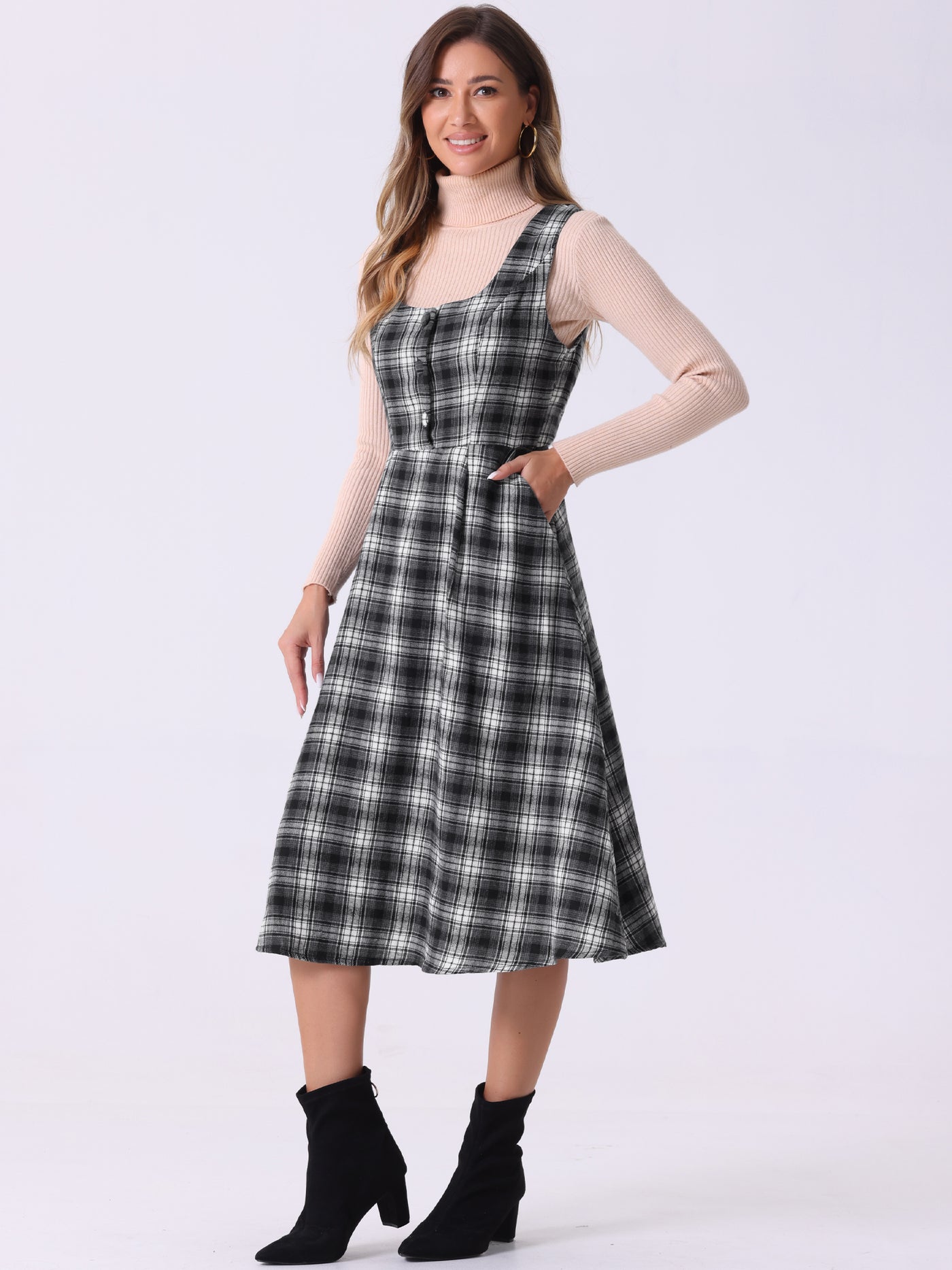 Allegra K Plaid Vintage Sleeveless A-Line Pocketed Midi Pinafore Dress