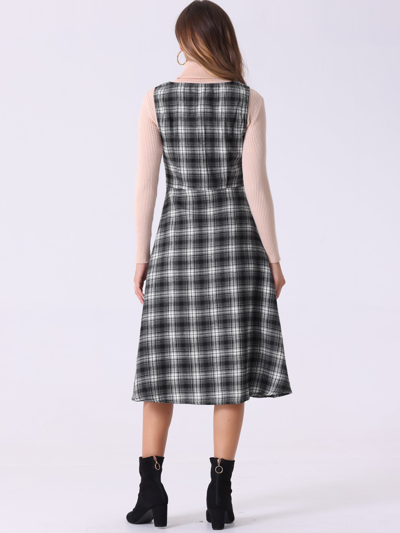 Allegra K Plaid Vintage Sleeveless A-Line Pocketed Midi Pinafore Dress