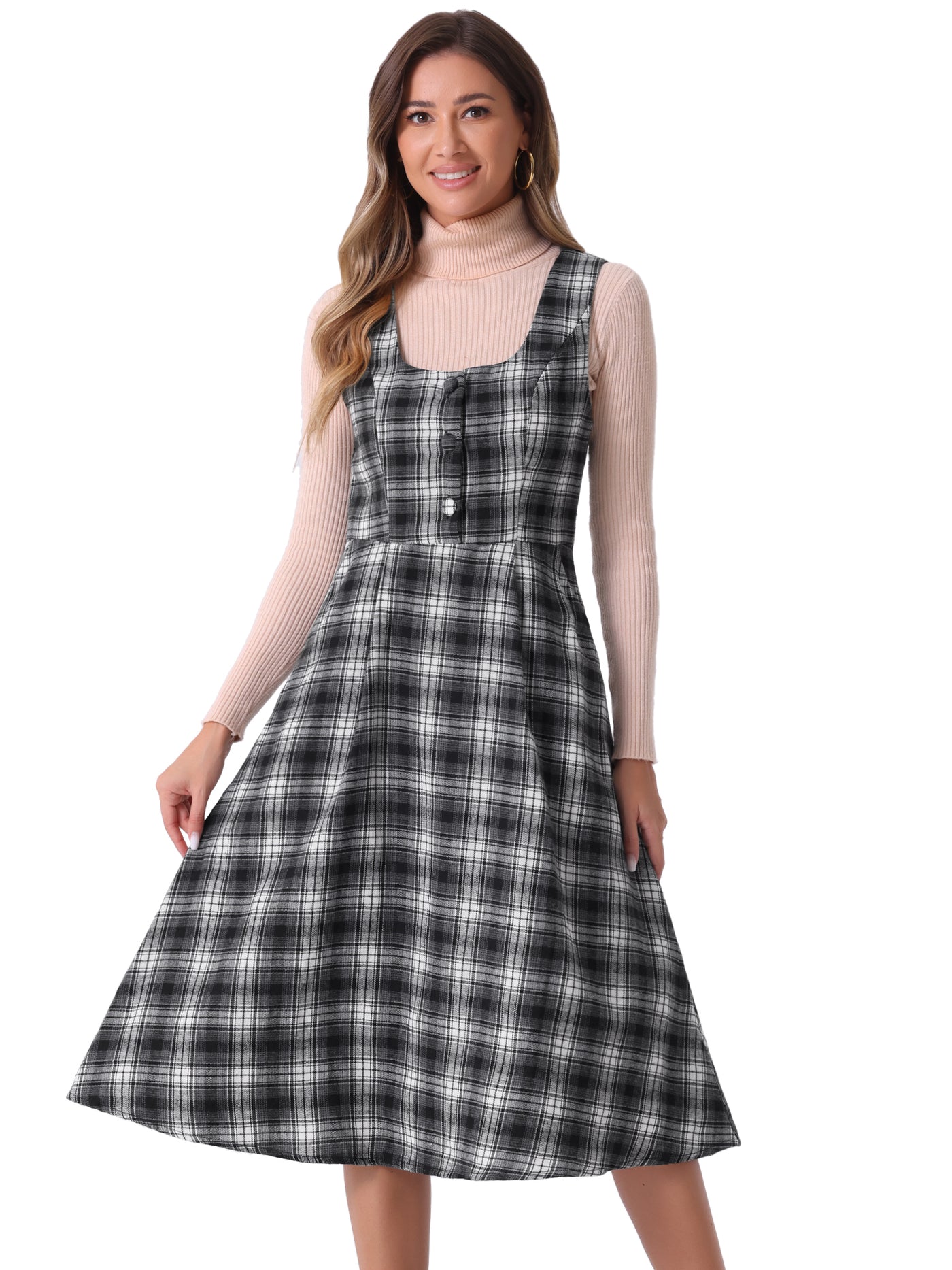 Allegra K Plaid Vintage Sleeveless A-Line Pocketed Midi Pinafore Dress