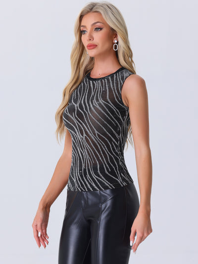 Glitter Striped Trim See Through Sparkly Sleeveless Tops