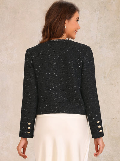 Tweed Long Sleeve Sequins Glitter Cropped Jacket