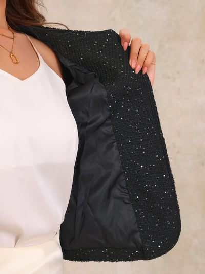 Tweed Long Sleeve Sequins Glitter Cropped Jacket