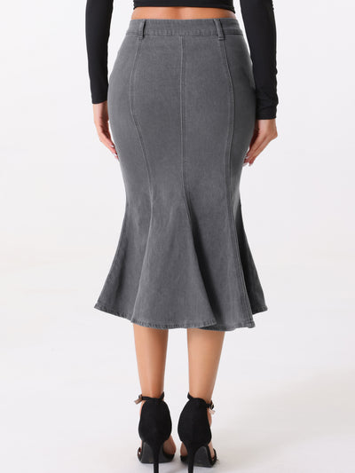 Fishtail Denim Button Pockets Distressed Midi Skirt