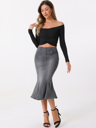 Fishtail Denim Button Pockets Distressed Midi Skirt