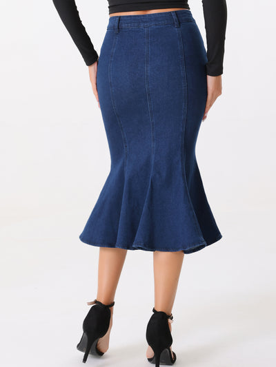 Fishtail Denim Button Pockets Distressed Midi Skirt