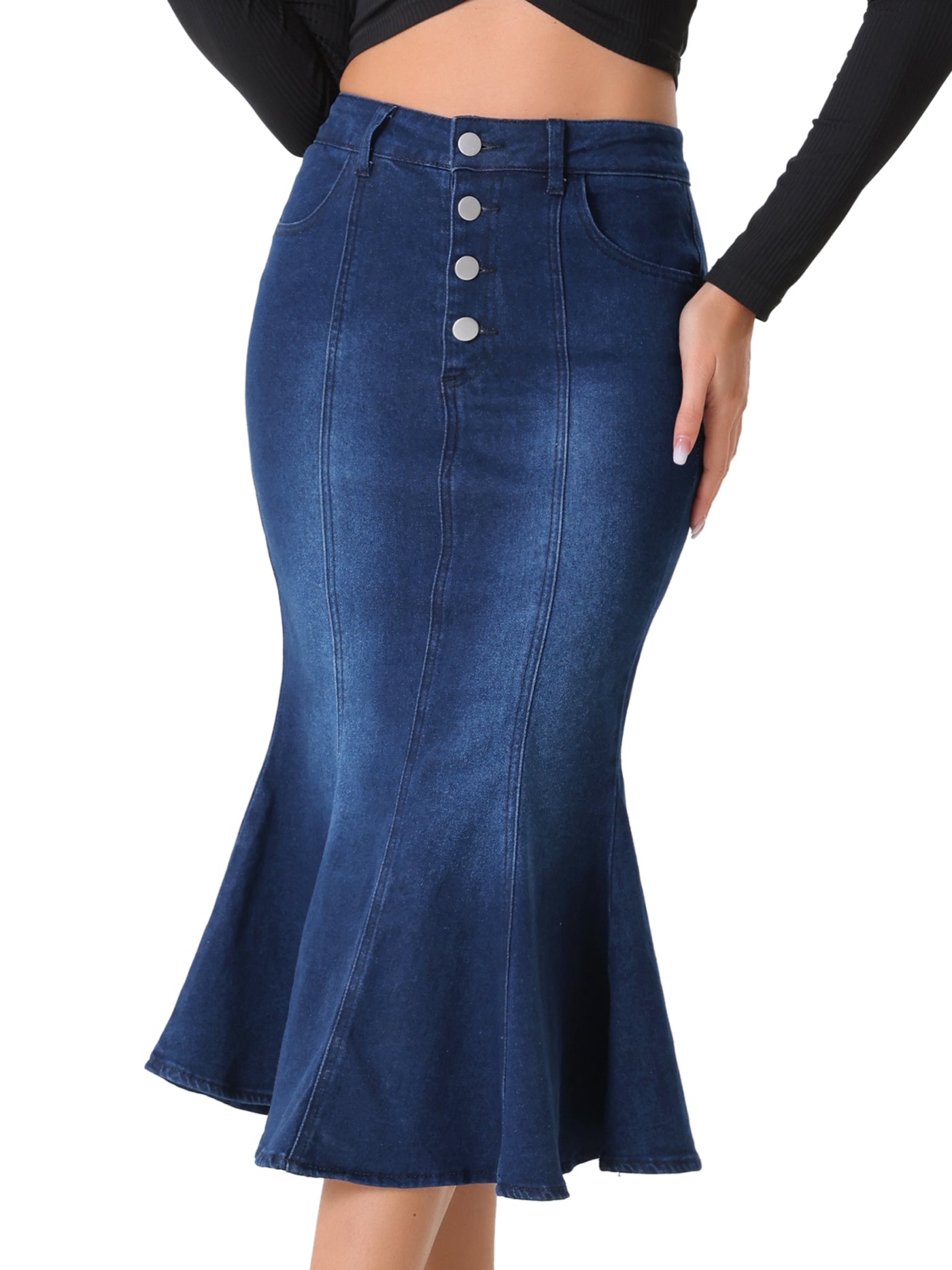 Allegra K Fishtail Denim Button Pockets Distressed Midi Skirt