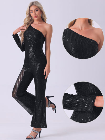 Sequin One Shoulder See Through Wide Legs Party Jumpsuit