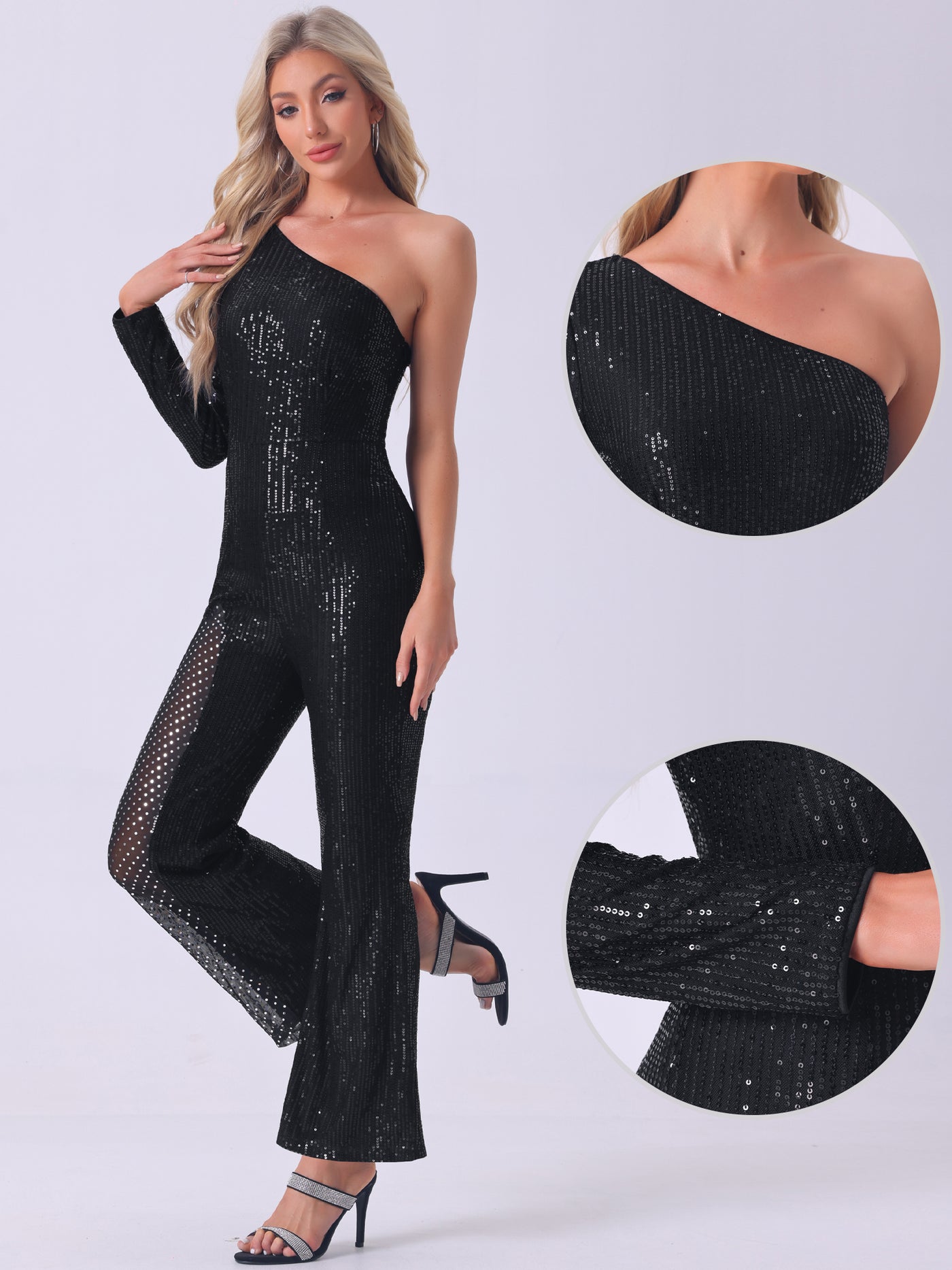 Allegra K Sequin One Shoulder See Through Wide Legs Party Jumpsuit