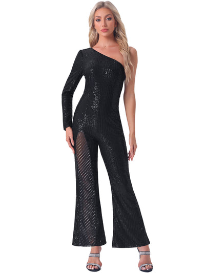 Sequin One Shoulder See Through Wide Legs Party Jumpsuit