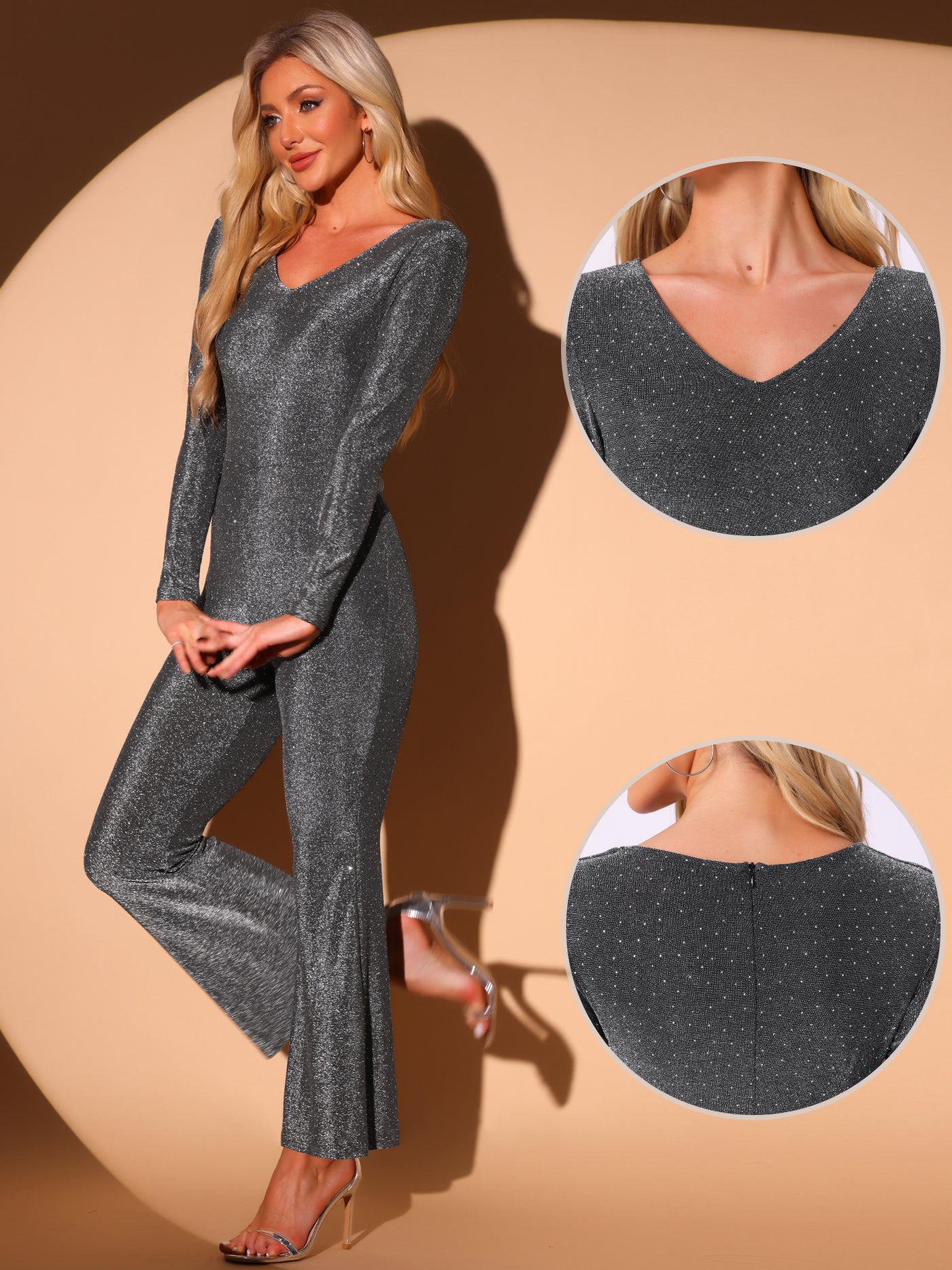 Allegra K Glitter Sparkly Long Sleeves Bell Bottom Party Jumpsuits