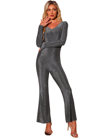 Glitter Sparkly Long Sleeves Bell Bottom Party Jumpsuits