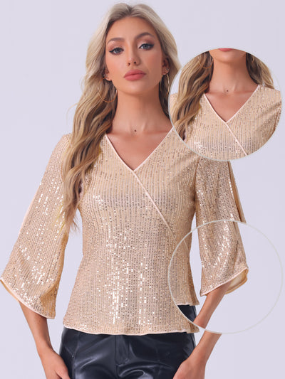 Sequin Cut-Out 3/4 Sleeve V Neck Sparkly Blouse