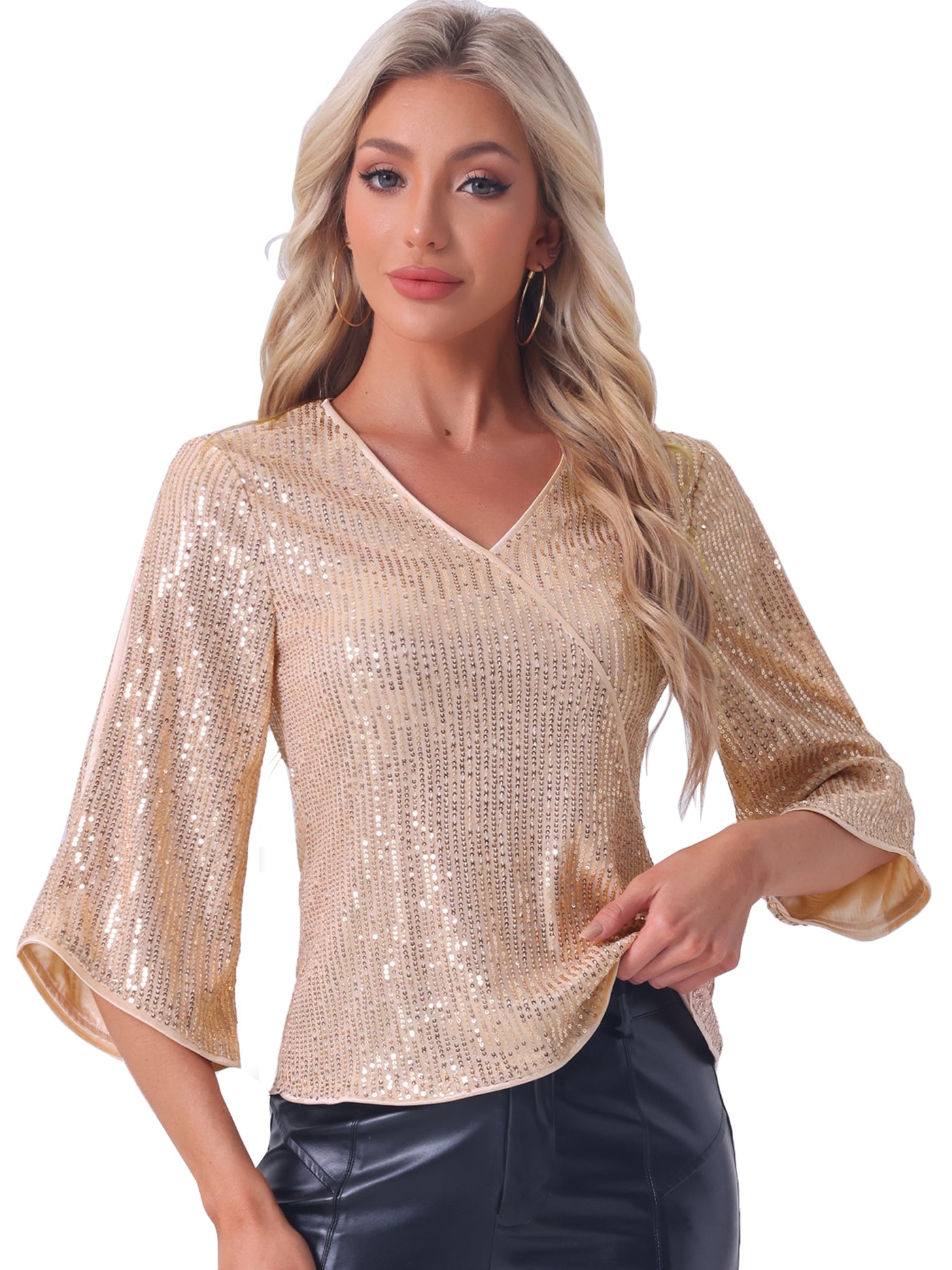 Allegra K Sequin Cut-Out 3/4 Sleeve V Neck Sparkly Blouse