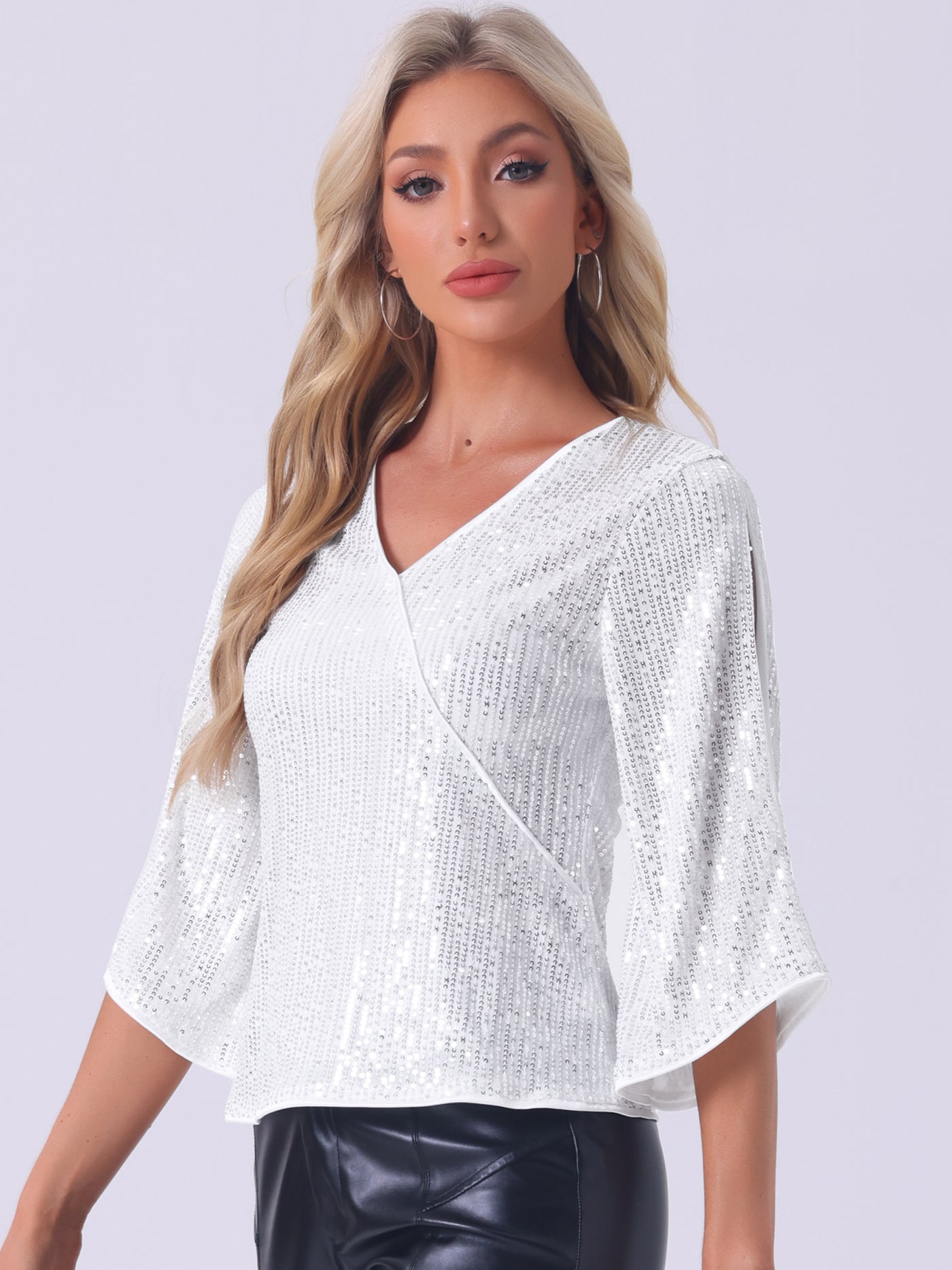 Allegra K Sequin Cut-Out 3/4 Sleeve V Neck Sparkly Blouse