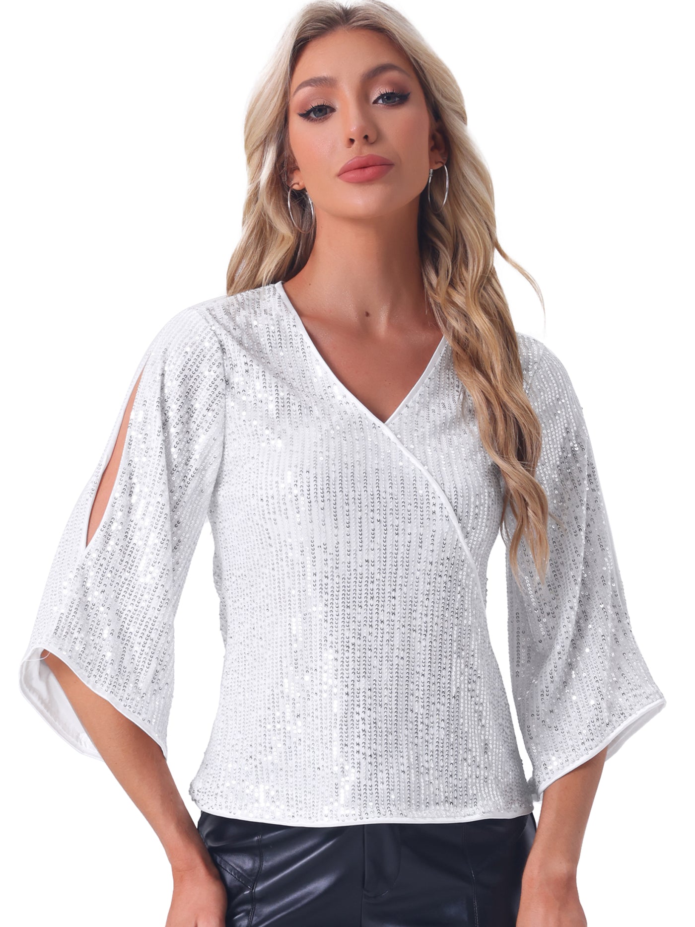 Allegra K Sequin Cut-Out 3/4 Sleeve V Neck Sparkly Blouse