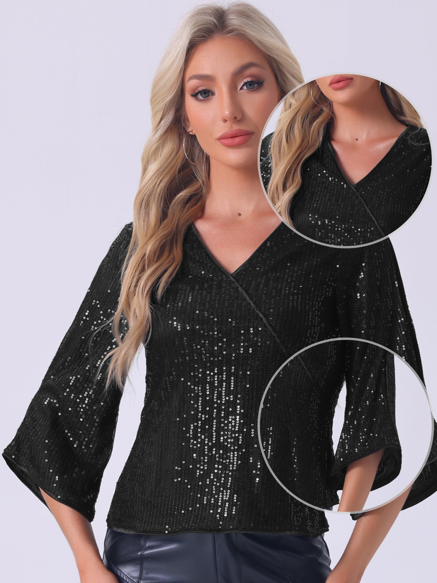 Allegra K Sequin Cut-Out 3/4 Sleeve V Neck Sparkly Blouse