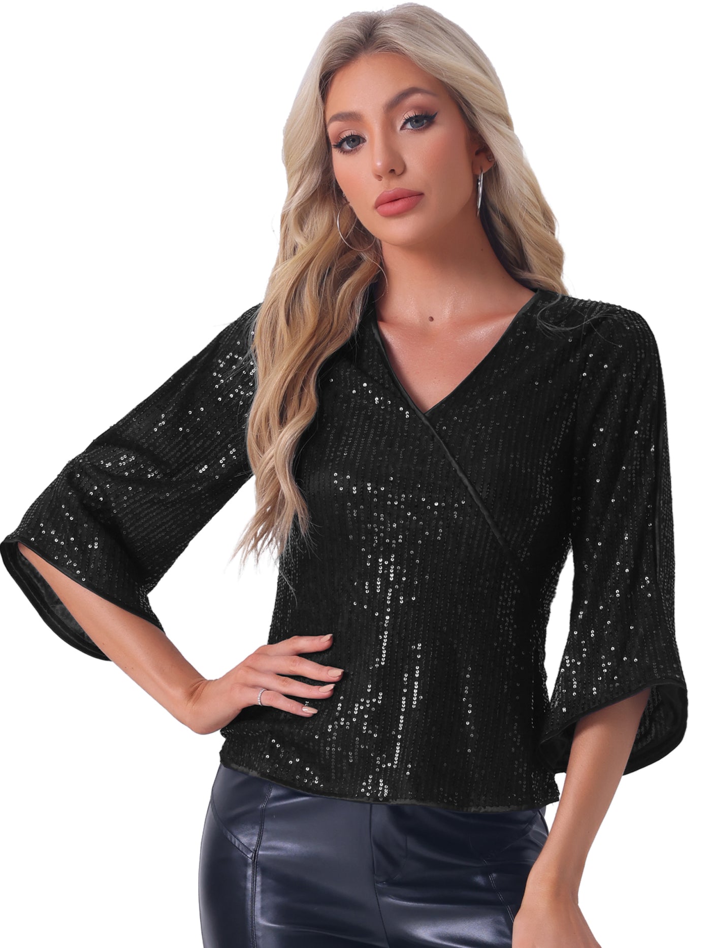 Allegra K Sequin Cut-Out 3/4 Sleeve V Neck Sparkly Blouse