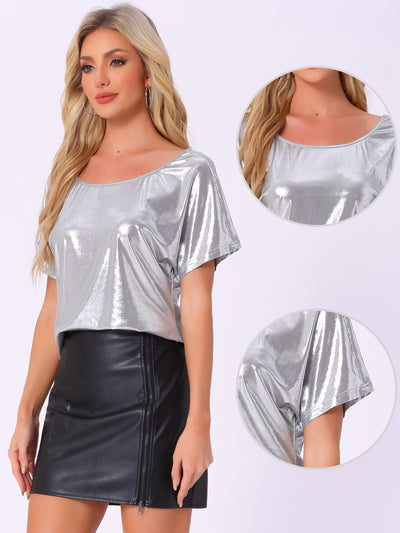 Metallic Off Shoulder Short Sleeve Loose Party Sparkly Blouse