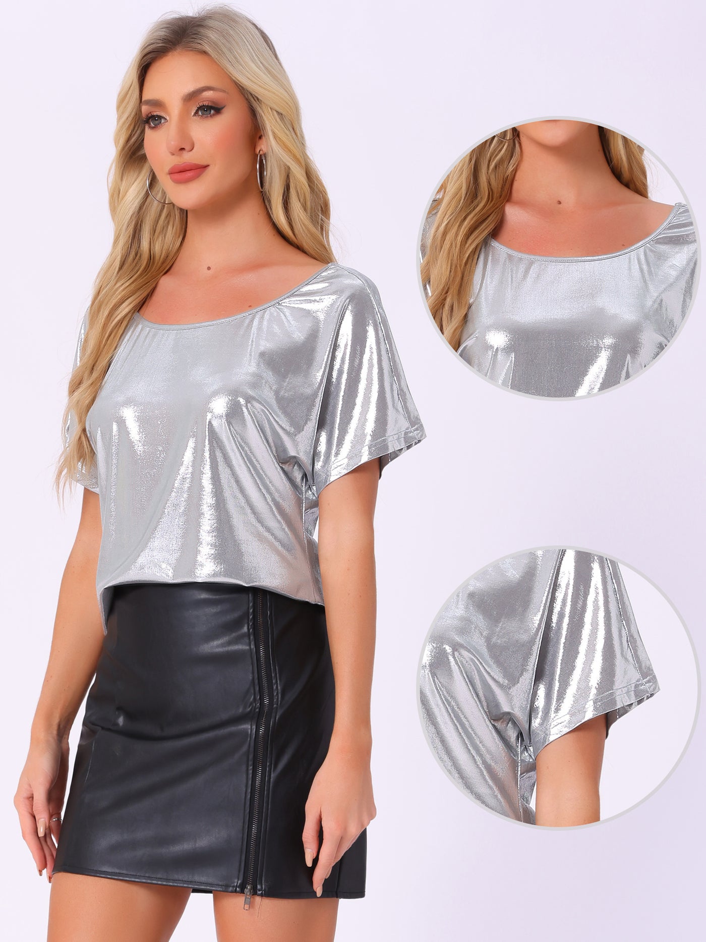 Allegra K Metallic Off Shoulder Short Sleeve Loose Party Sparkly Blouse