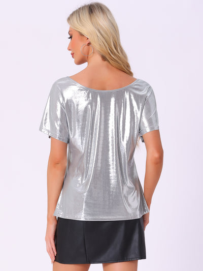 Metallic Off Shoulder Short Sleeve Loose Party Sparkly Blouse