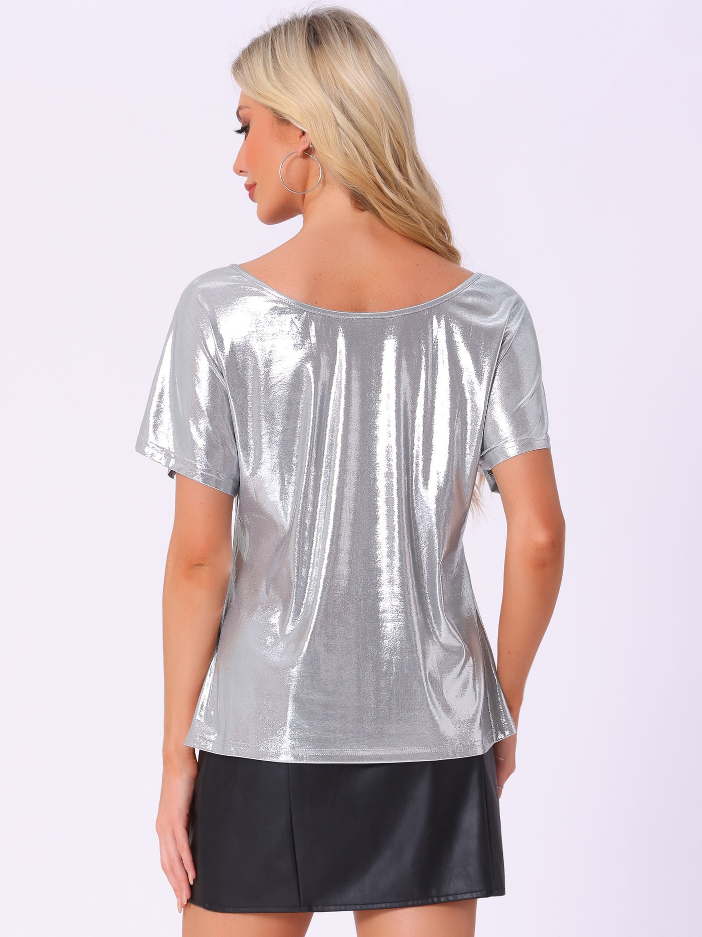 Allegra K Metallic Off Shoulder Short Sleeve Loose Party Sparkly Blouse