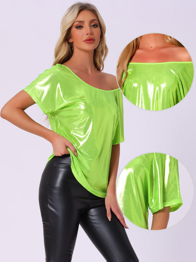 Metallic Off Shoulder Short Sleeve Loose Party Sparkly Blouse