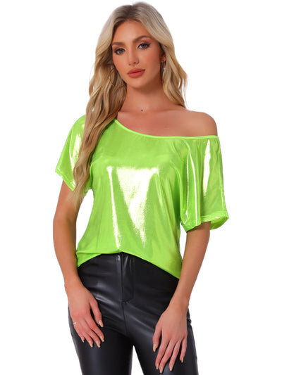 Metallic Off Shoulder Short Sleeve Loose Party Sparkly Blouse