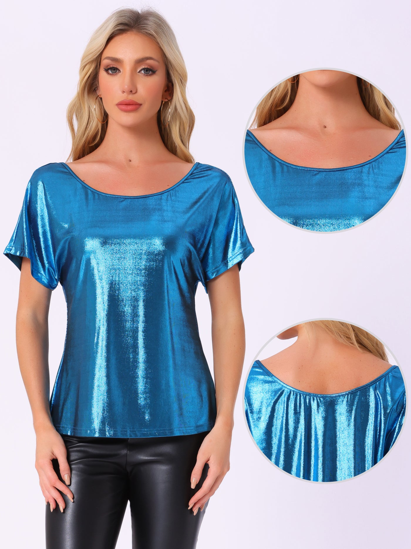 Allegra K Metallic Off Shoulder Short Sleeve Loose Party Sparkly Blouse