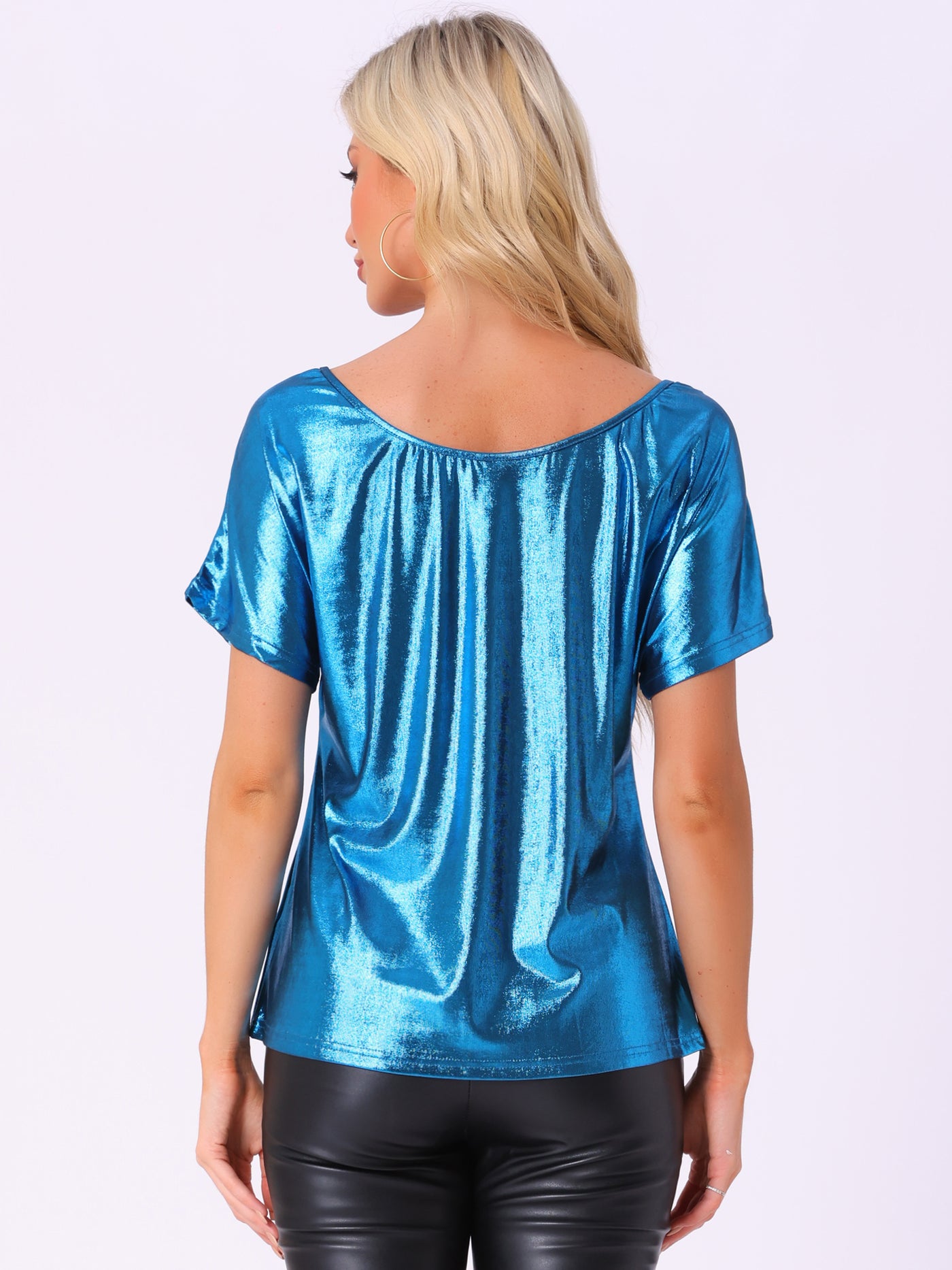 Allegra K Metallic Off Shoulder Short Sleeve Loose Party Sparkly Blouse