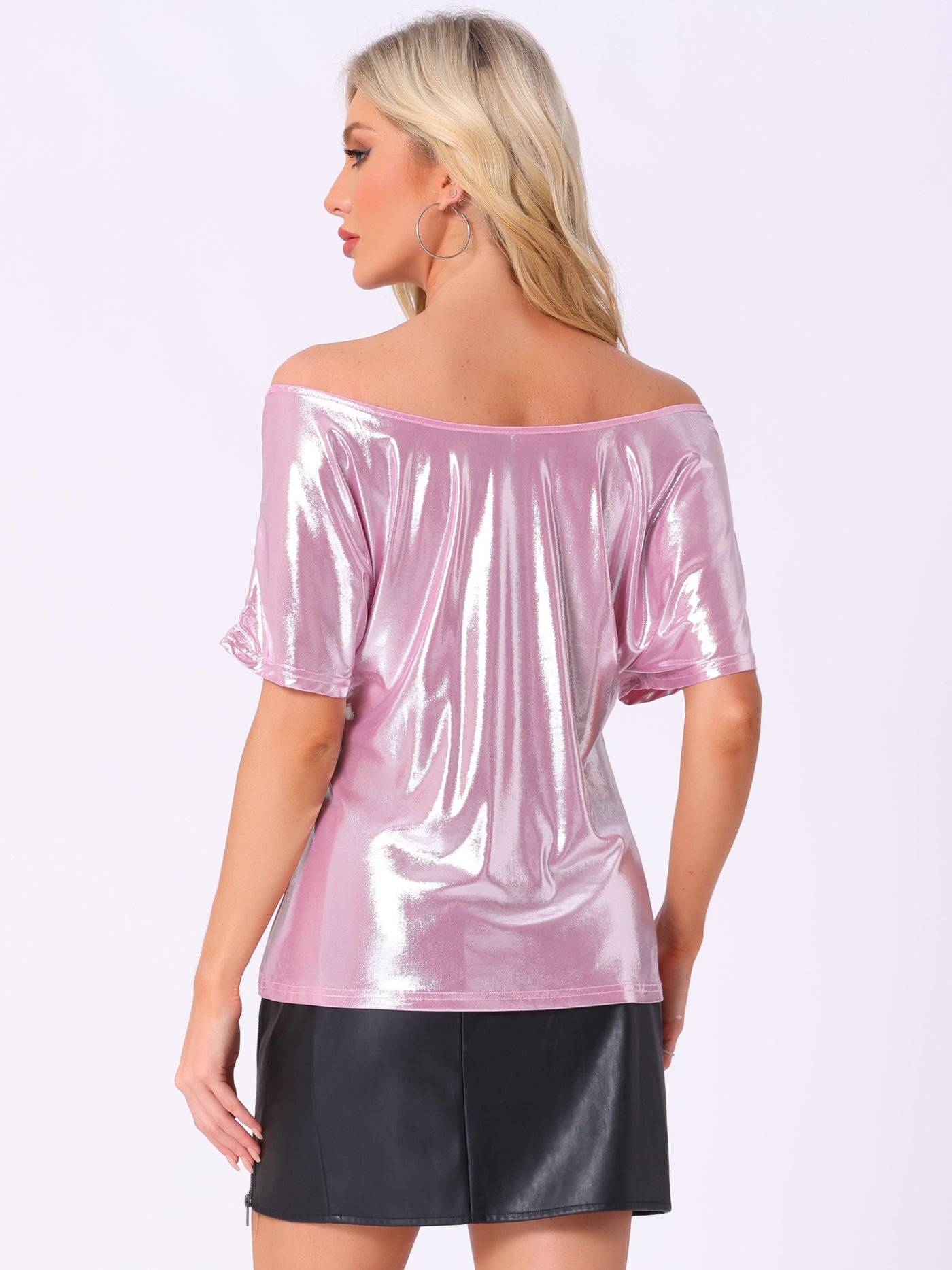 Allegra K Metallic Off Shoulder Short Sleeve Loose Party Sparkly Blouse