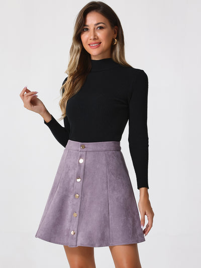 Faux Suede Button Closure A-Line High Waisted Short Skirt