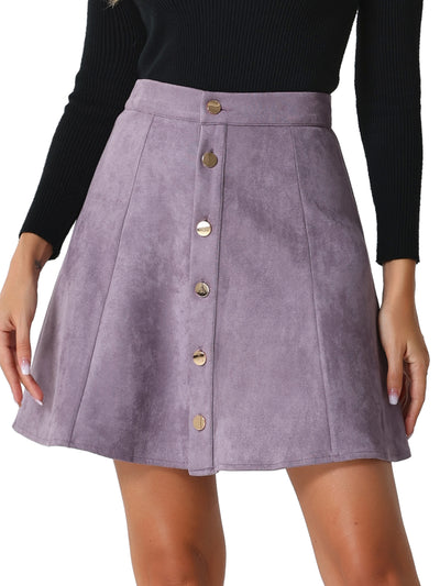 Faux Suede Button Closure A-Line High Waisted Short Skirt