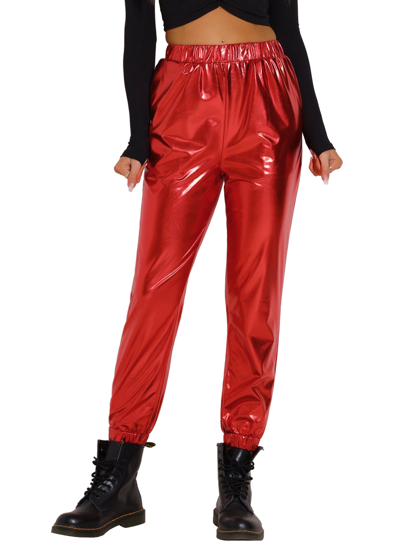 Allegra K Metallic Trousers Shiny Sparkle Elastic Waist Holographic Pants