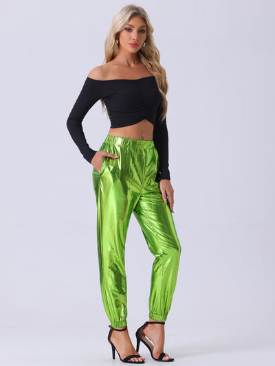 Metallic Trousers Shiny Sparkle Elastic Waist Holographic Pants