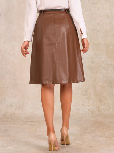 Faux Leather Belted A-Line High Waist Midi Skirt