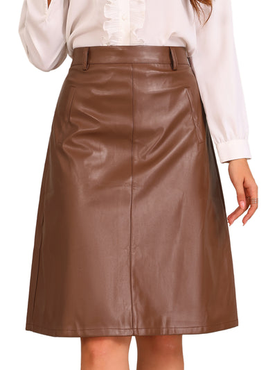 Faux Leather Belted A-Line High Waist Midi Skirt