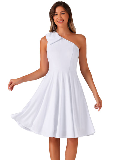 Bow One Shoulder Sleeveless Pockets A-Line Midi Dress