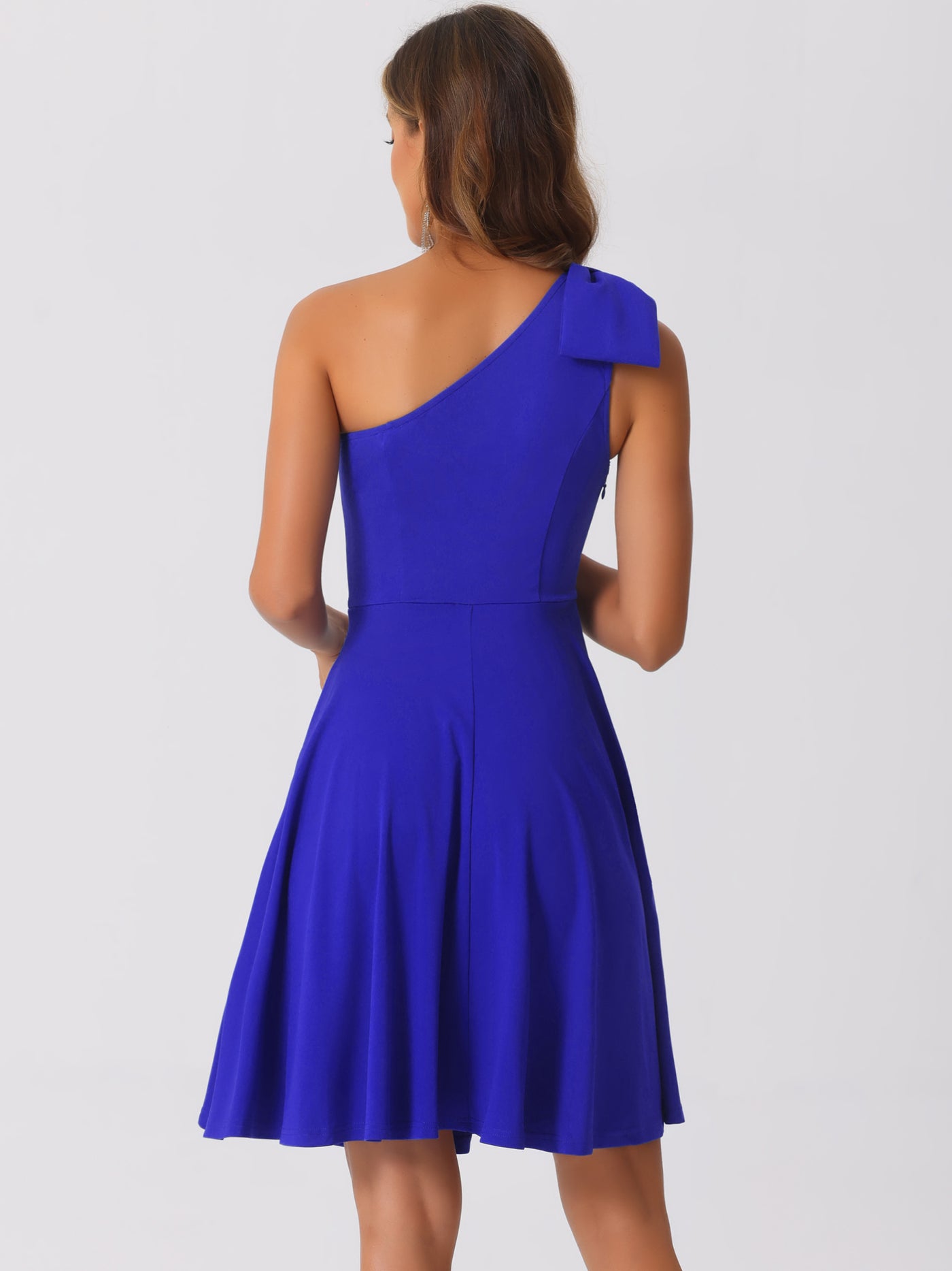 Allegra K Bow One Shoulder Sleeveless Pockets A-Line Midi Dress