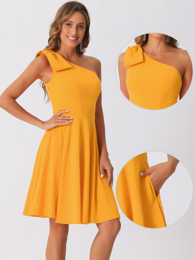 Bow One Shoulder Sleeveless Pockets A-Line Midi Dress