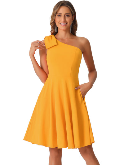 Bow One Shoulder Sleeveless Pockets A-Line Midi Dress