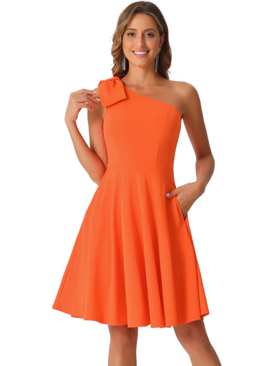 Bow One Shoulder Sleeveless Pockets A-Line Midi Dress