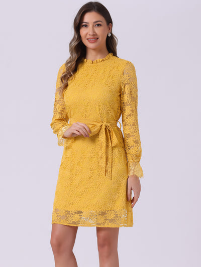 Lace Floral Ruffle Crew Neck Cocktail Mini Dress