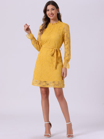 Lace Floral Ruffle Crew Neck Cocktail Mini Dress