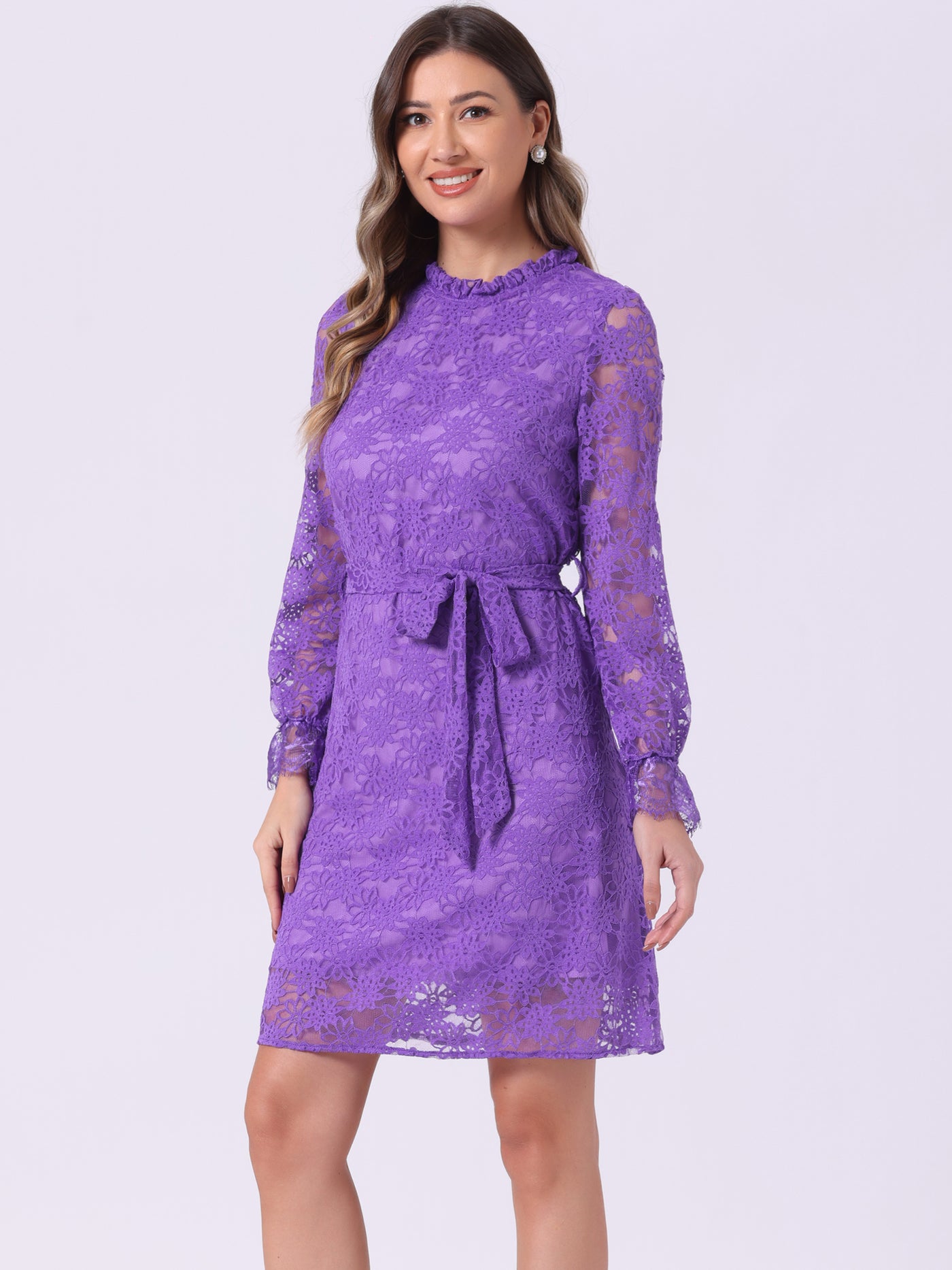 Allegra K Lace Floral Ruffle Crew Neck Cocktail Mini Dress