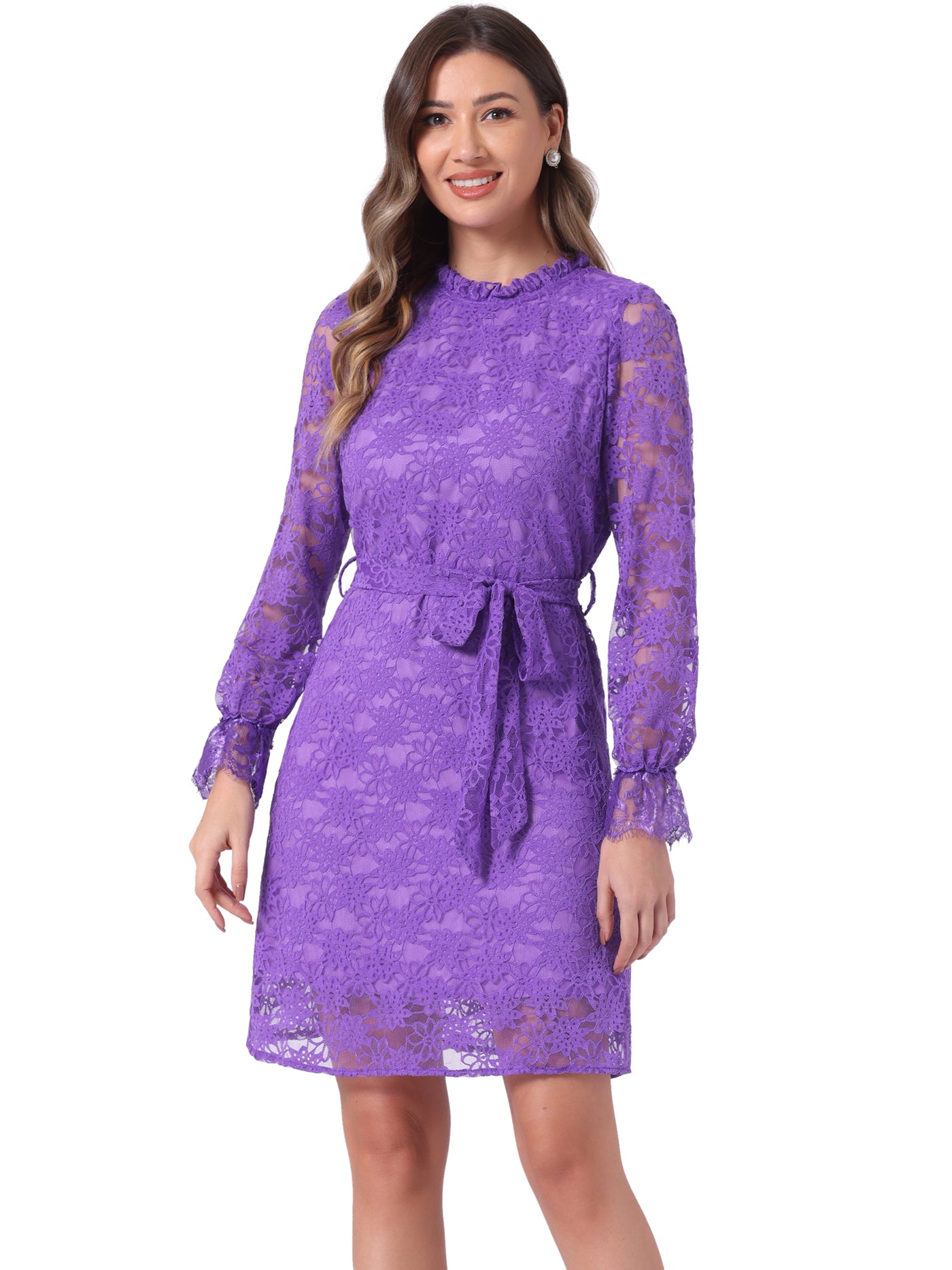 Allegra K Lace Floral Ruffle Crew Neck Cocktail Mini Dress