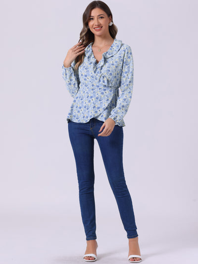 Floral V Neck Wrap Top Long Sleeve Tie Waist Ruffle Peplum Blouse