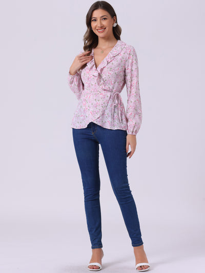 Floral V Neck Wrap Top Long Sleeve Tie Waist Ruffle Peplum Blouse