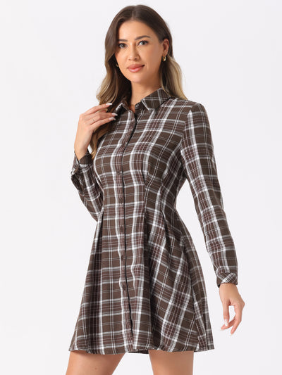 Christmas Plaid High Waist A-Line Button Up Flared Shirt Dress