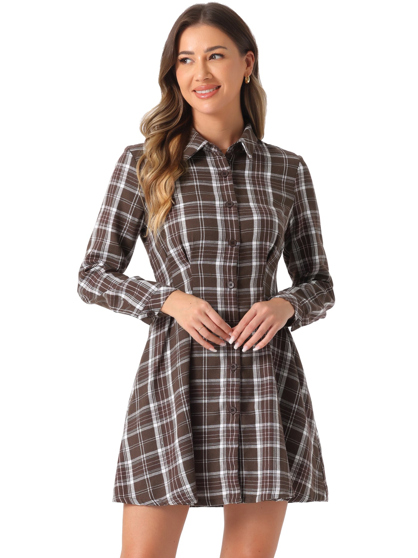 Allegra K Christmas Plaid High Waist A-Line Button Up Flared Shirt Dress